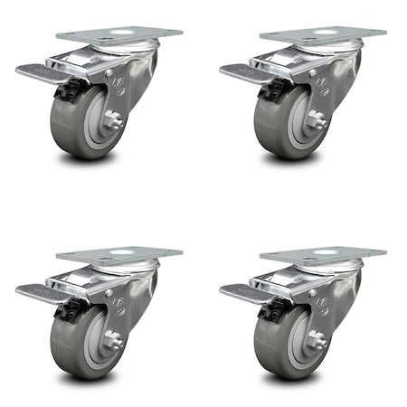 Service Caster 3.5 Inch Gray Polyurethane Swivel Top Plate Caster Set with Total Lock Brake SCC-TTL20S3514-PPUB-4